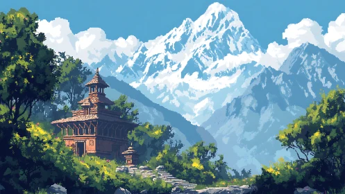 Pixel temple structure framed by trees below snowy mountains