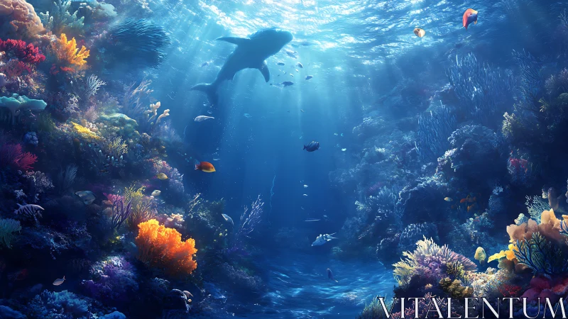 Vibrant digital seascape with shark above coral reef.