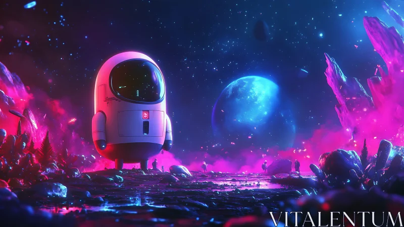 Rounded exploration pod surveys neon alien landscape at night