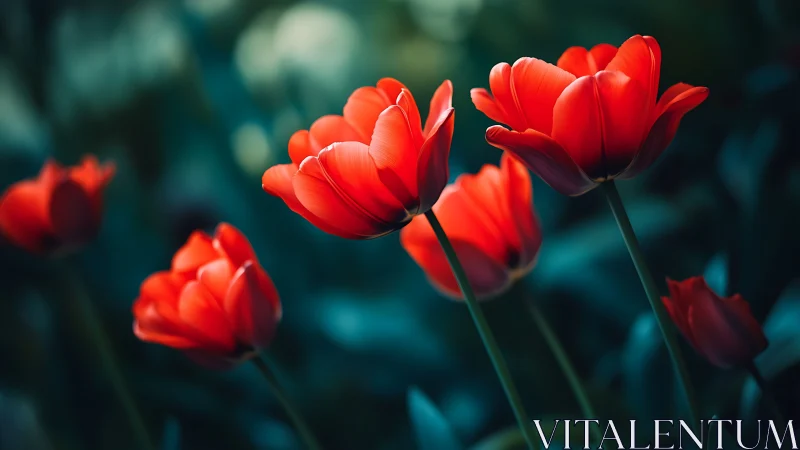 Red tulips photographed against blurred teal background foliage