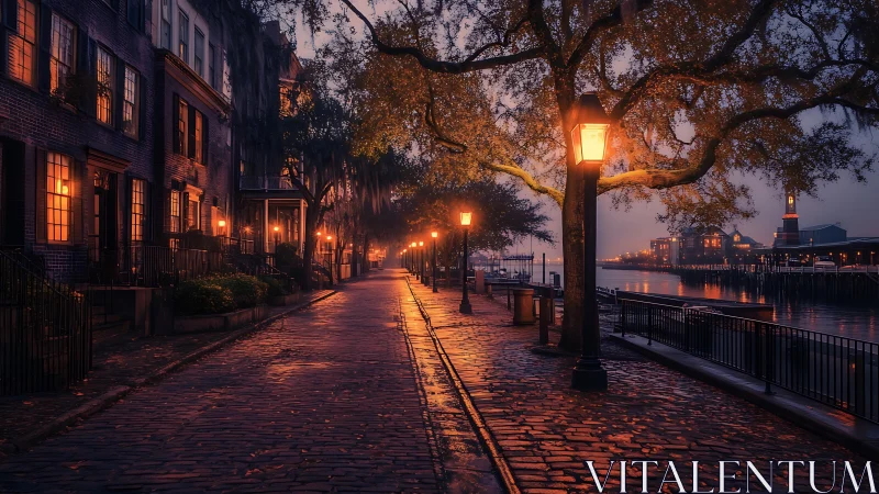 Foggy riverside street glows under warm vintage lamplight.