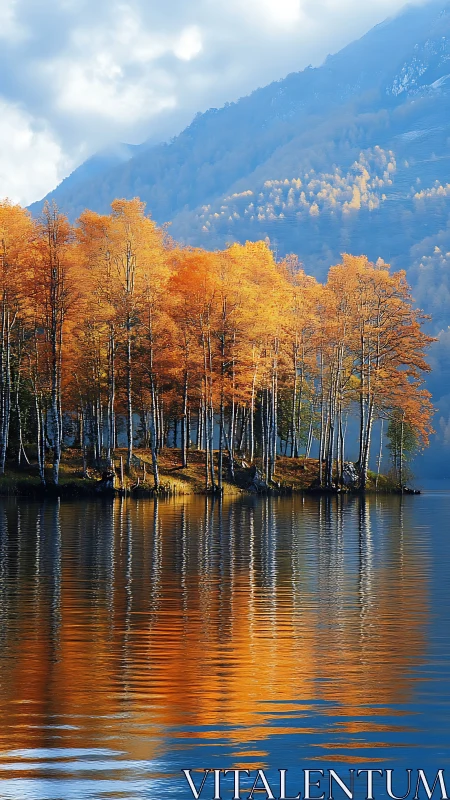 Copper birch choir reflected in sapphire mountain lake.