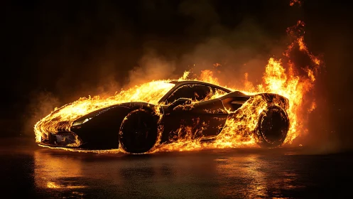 Burning Sports Car Engulfed in Flames.