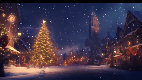 Snow-covered town square shows illuminated Christmas tree at night