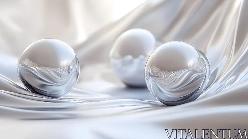 Three reflective glass spheres resting on silky white fabric.