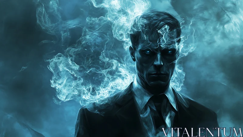 Male figure in suit is enveloped by luminous blue smoke