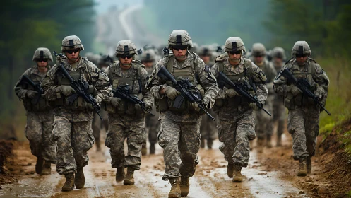 Photorealistic infantry column on muddy forest training trail.