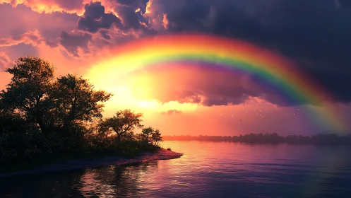 Luminous rainbow sweeping across sunset-lit lakeshore sky.