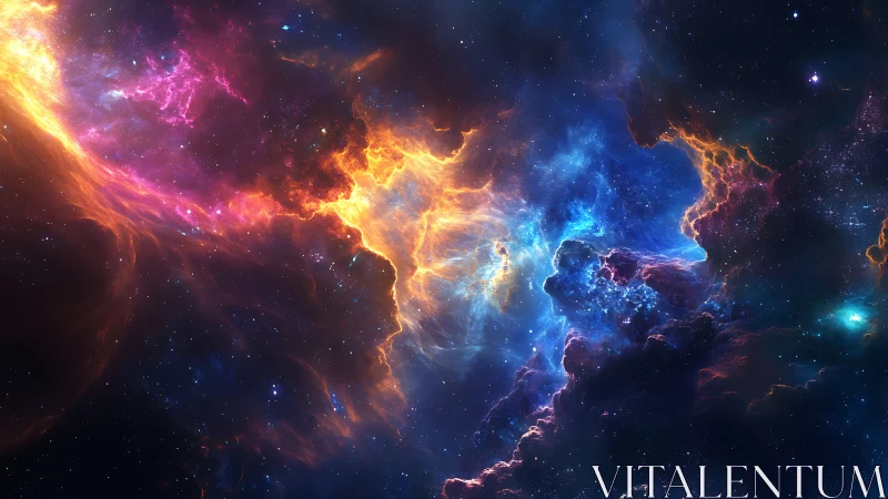 Nebular firestorm dividing cosmic blues and violets.