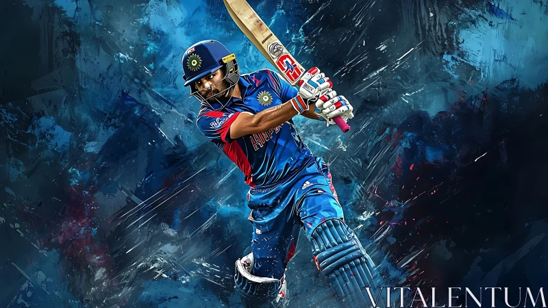 Dynamic cricket batter in blue kit amid abstract motion storm.
