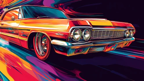 Retro lowrider cruises through bold neon color streaks.