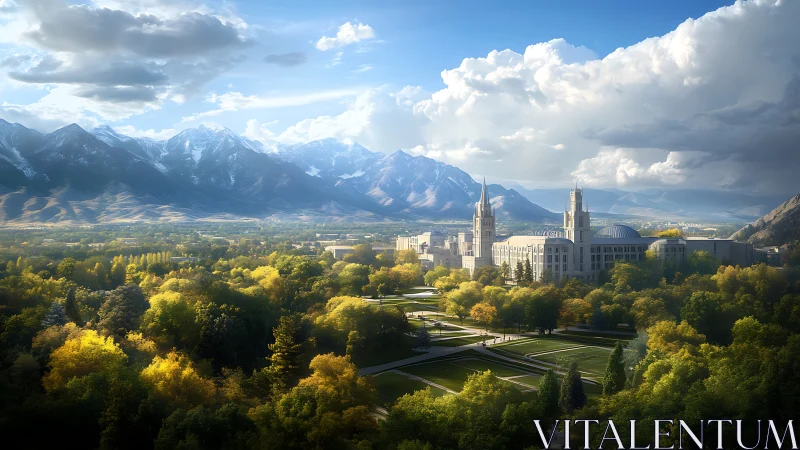 Sunlit mountain city cathedral rises above lush autumn valley