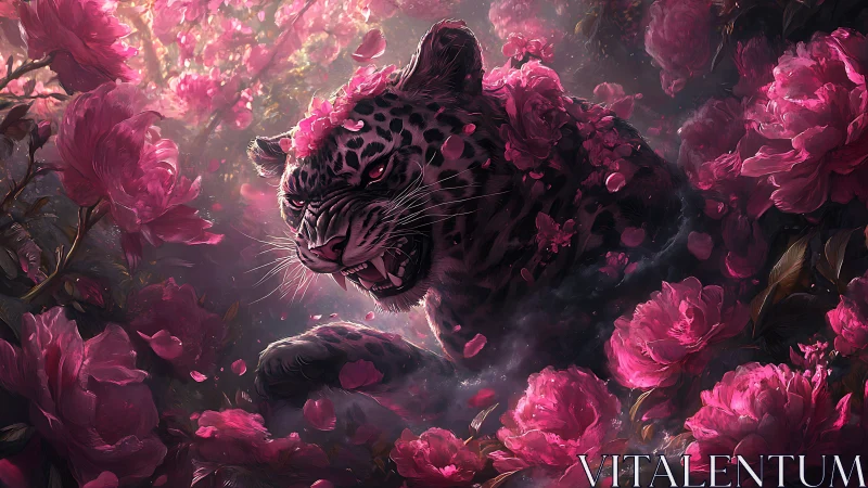 Leopard surrounded by pink peonies in digital art.