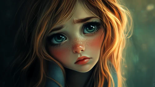 Freckled dreamer with ocean eyes in soft teal shadows.