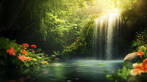 Luminous jungle waterfall with florals in digital painting style.