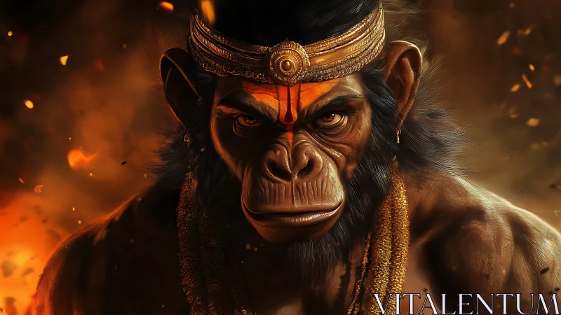 Firelit simian warrior stares down fate with molten calm