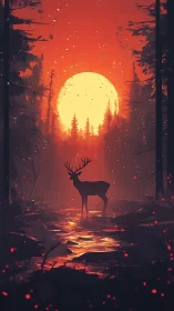 Stag silhouette stands in fiery red forest sunset glow.