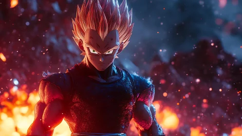 Highly lit Saiyan warrior rendered with cinematic depth of field