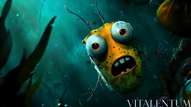Shocked microbe character rendered as high-contrast 3D underwater closeup