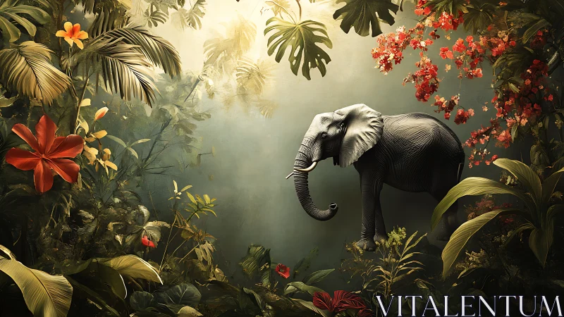 Elephant drifts through florid jungle mist in golden hush.