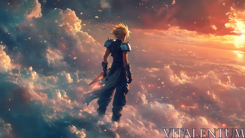 Skyborne warrior pausing above embers of a burning dawn.