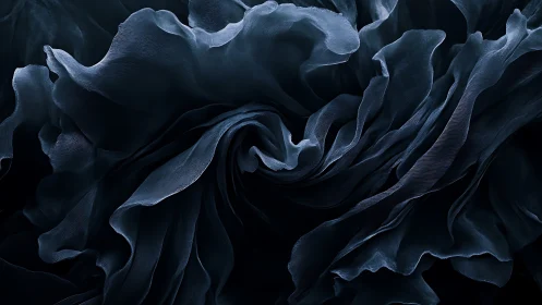 Swirling midnight fabric folds in abstract macro study.