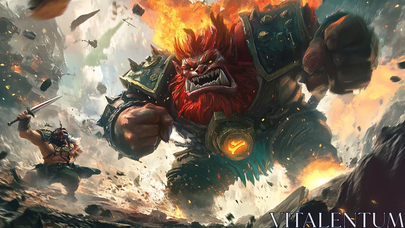 Fiery armored beast warrior charges through battle chaos.