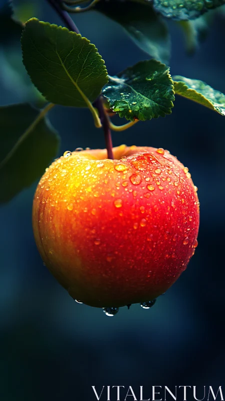 Macro study of dew-laden bicolor apple under soft directional light