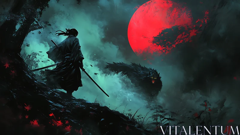 Samurai faces glowing-eyed wolf under large red moon