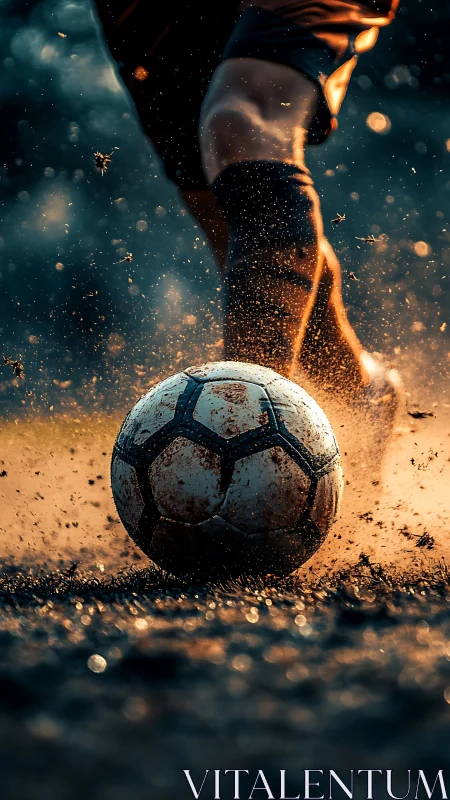 Low-angle dirt kick with motion-frozen football impact dynamics.