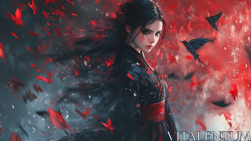 Mystical warrior in red petals and ravens swirling around.