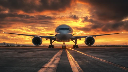 Passenger jet on runway under intense orange sunset sky.