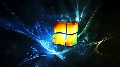 Glowing window emblem amid electric blue light trails.