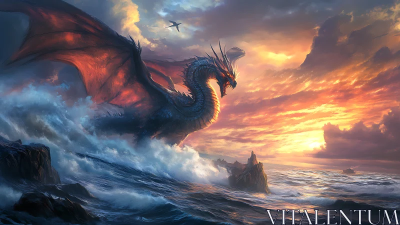 Oceanic dragon rises through storm surf at cinematic sunset.