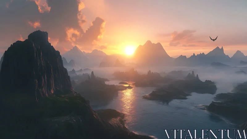 Dragon-watched sunrise over mist-wrapped fantasy fjords.