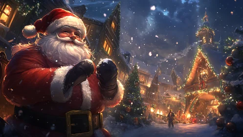 Santa enjoys a snowy Christmas village filled with cheer