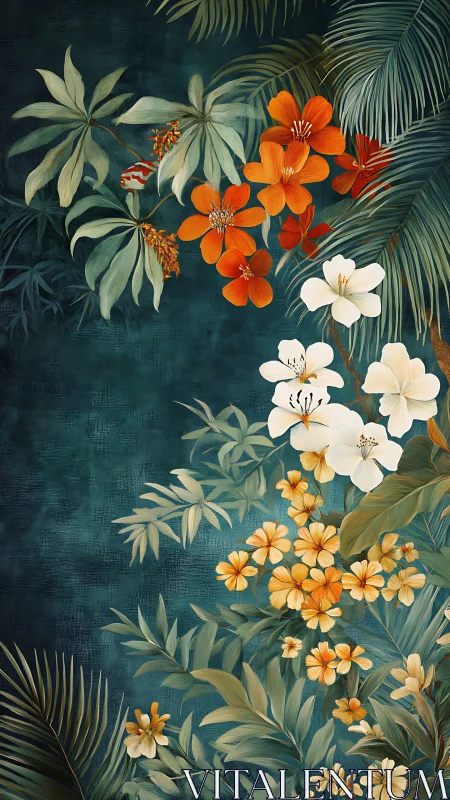 Botanical Garden Floral Composition on Dark Teal Background