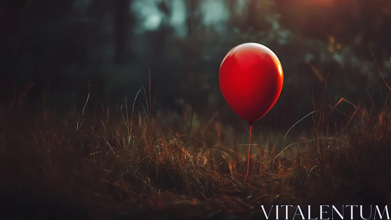 Red balloon stands in tall grass under low evening light