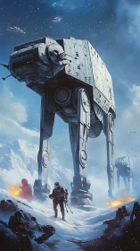 Epic walkers stride across a blazing snowy battlefield