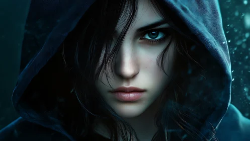 Intense blue eyed woman in hooded cloak, cinematic close portrait