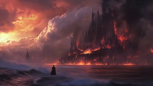 Towering burning fortress rises over stormy ocean horizon