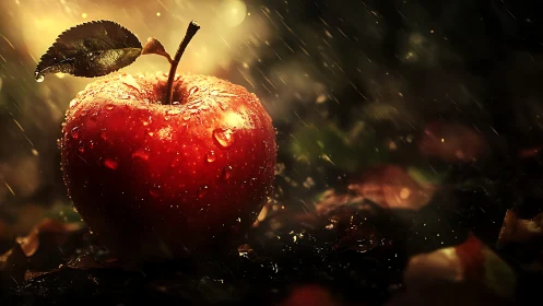 Rain-kissed crimson apple glowing in a stormlit hush.