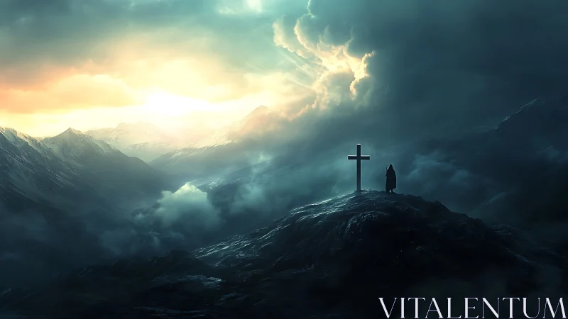 Solitary figure and cross on misty mountain ridge at dawn.