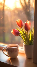 Tulips and tea cup catch warm sunrise light on window ledge