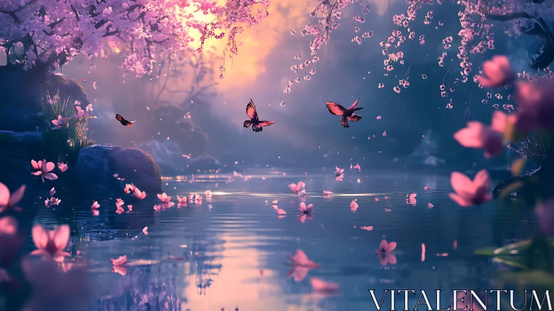 Butterflies drift through a dreamy cherry blossom lagoon.