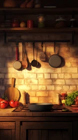 Sunlit rustic kitchen altar of pans, herbs, and tomatoes.