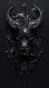 Ornate horned demon bust in sculpted black metal relief