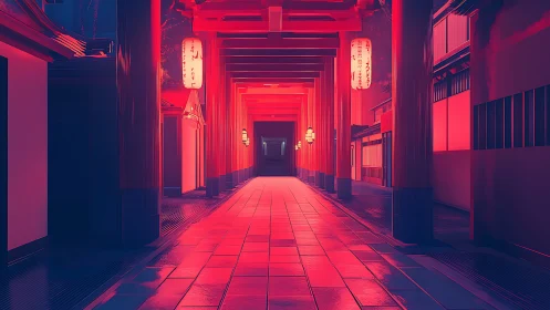 Gentle lantern light guides a quiet red temple walkway