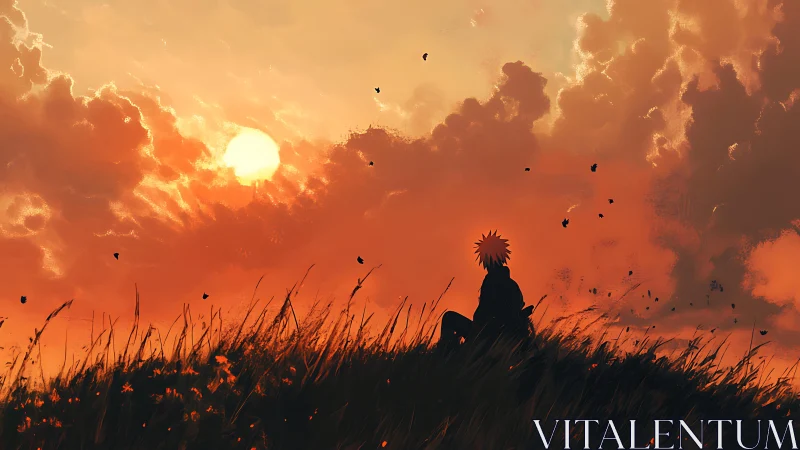 Golden sunset sky welcomes a quiet anime figure on a hill