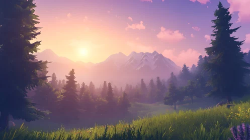 Alpine Mountain Valley Dawn with Coniferous Forest Panorama and Glowing Sky